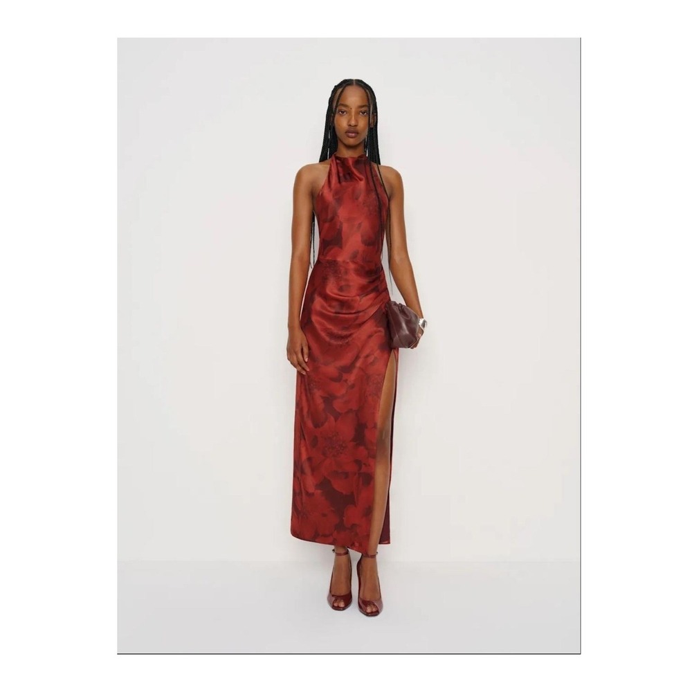 Reformation Emeline Silk Dress 8 Red Carnelian Floral Halter Maxi Open Back NWT